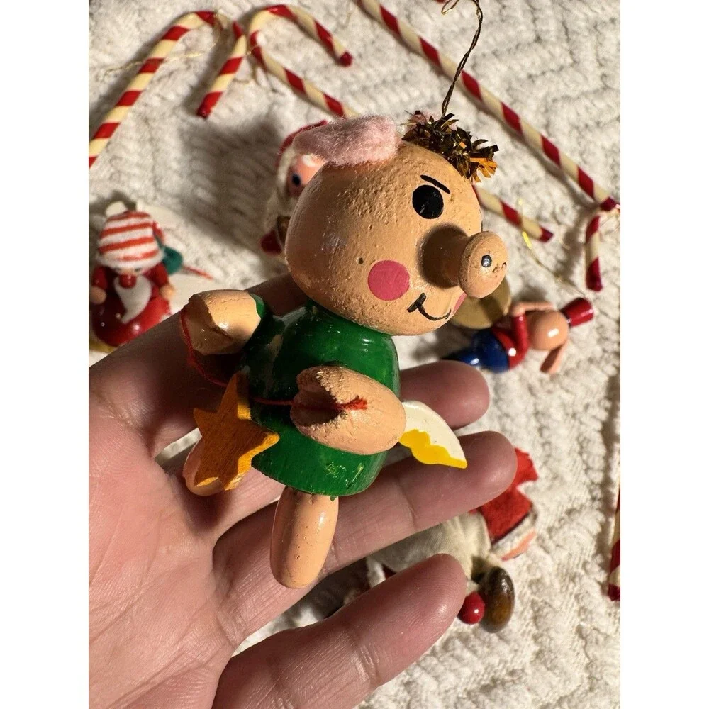 12 Vtg Tiny Painted Wooden santa pig Folk Art Mix